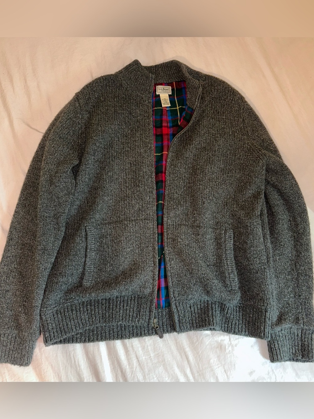 LL Bean Ragg Wool Sweater full zip Large 100% lamb wool 100% cotton lining plaid